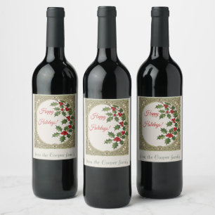 Holly-Berry Art-Nouveau Greeting Wine Label