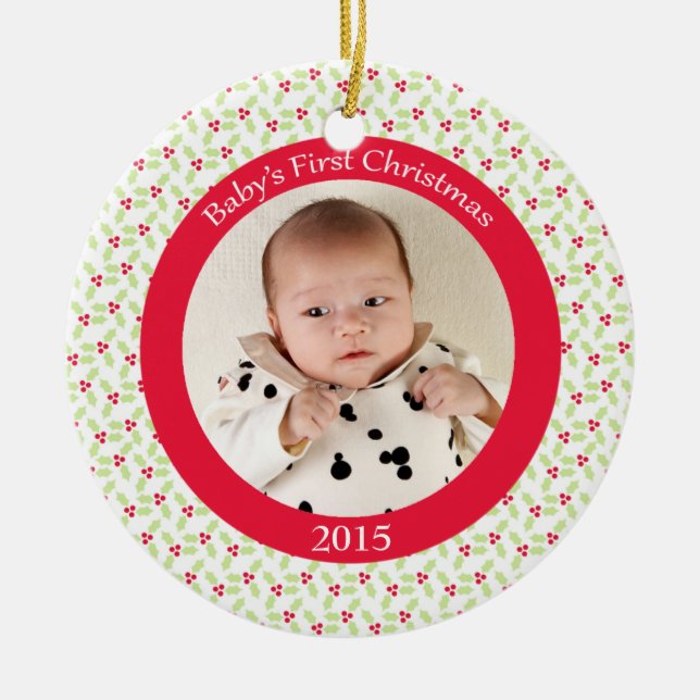 Holly berry baby's first Christmas photo ornament (Front)