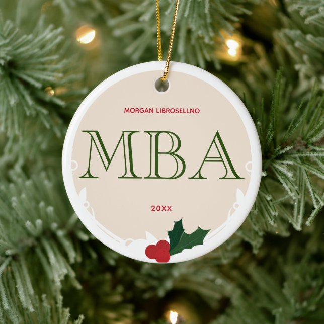 Holly Berry Beige Green MBA Graduation Name Year Ceramic Tree Decoration (Tree)