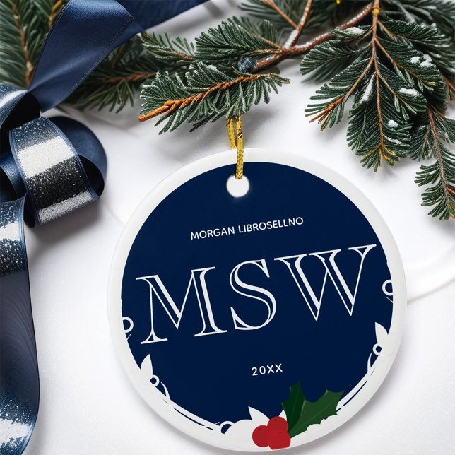 Holly Berry Blue White MSW Graduation Name Year Ceramic Tree Decoration (Get this MSW graduation ornament for the holidays.)