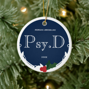 Holly Berry Blue White Name Year Psy.D Graduation Ceramic Tree Decoration