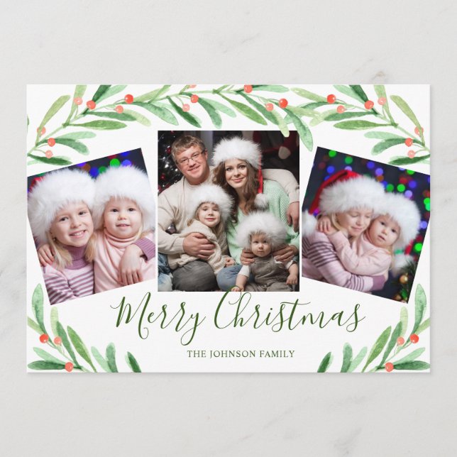 Holly Berry Branch 3 PHOTO Christmas Greeting Holiday Card (Front)