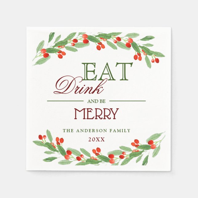 Holly Berry Branch  Christmas PARTY Paper Napkin (Front)
