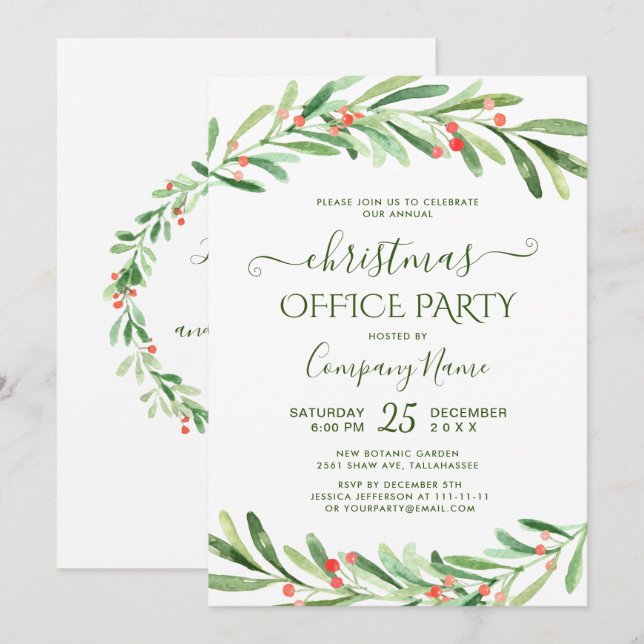 Holly Berry Branch Corporate Christmas Party Invitation (Front/Back)