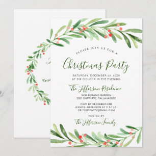 Holly Berry Branch Watercolor Christmas Party Invitation