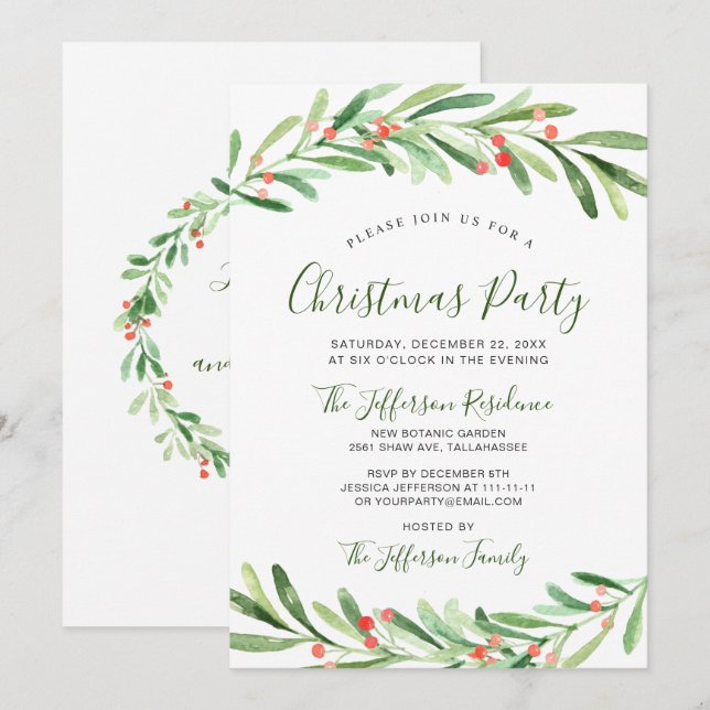 Holly Berry Branch Watercolor Christmas Party Invitation (Front/Back)
