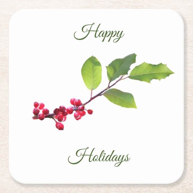 holly berry branch with foliage square paper coaster (Front)