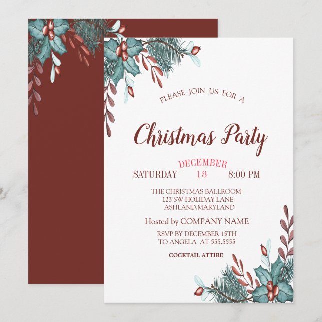 Holly Berry Branches Christmas Company Party Invitation (Front/Back)
