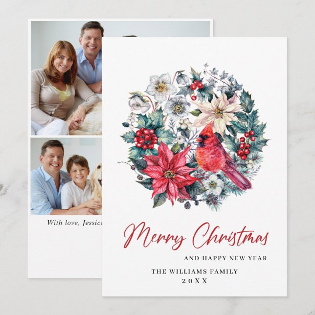 Holly Berry Cardinal Christmas 3 PHOTO Greeting Holiday Card (Front/Back)