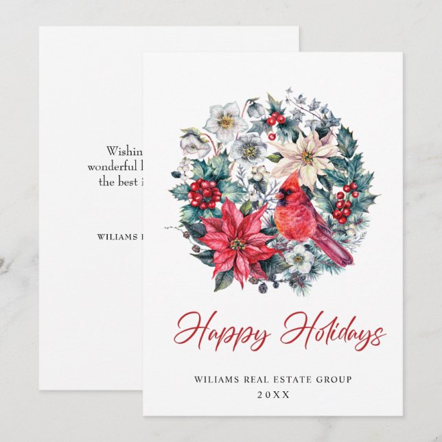 Holly Berry Cardinal  Christmas Corporate Greeting Holiday Card (Front/Back)