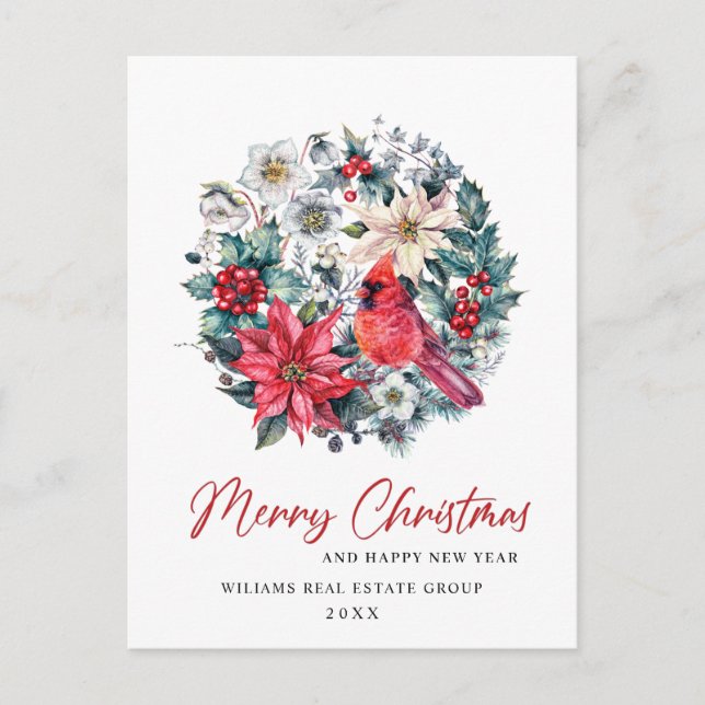 Holly Berry Cardinal Christmas Corporate Greeting Postcard (Front)