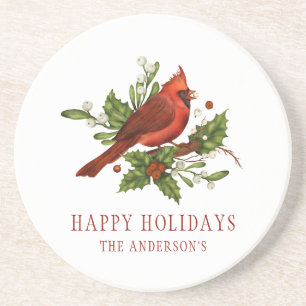 Holly Berry Cardinal Holiday Monogram Mistletoe Coaster