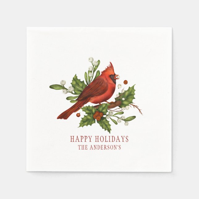 Holly Berry Cardinal Holiday Monogram Mistletoe Napkin (Front)