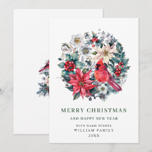 Holly Berry Cardinal Poinsettia Christmas Greeting Holiday Card