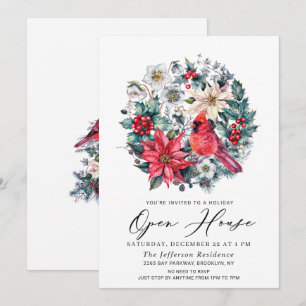 Holly Berry Cardinal Vintage Holiday Open House Invitation