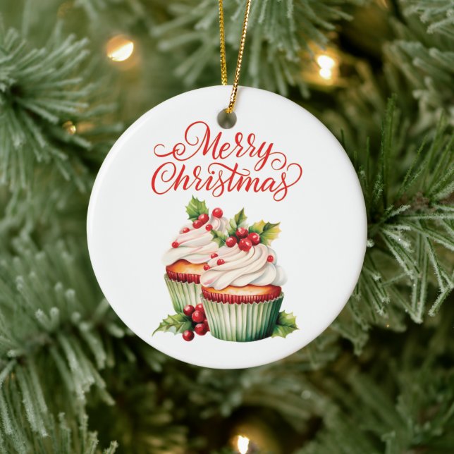Holly Berry Christmas Cupcake Ceramic Tree Decoration (Tree)