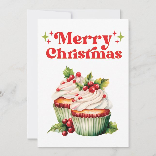 Holly Berry Christmas Cupcake Holiday Card (Front)