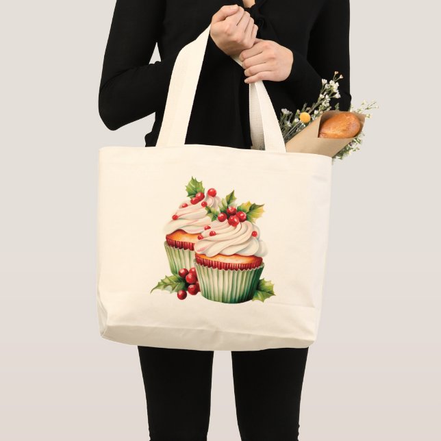 Holly Berry Christmas Cupcake Large Tote Bag (Front (Product))