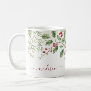 Holly Berry Christmas Holiday   Custom Script Name Coffee Mug