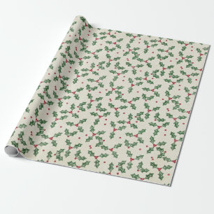Holly Berry Christmas Holiday Ivory Vintage  Wrapping Paper