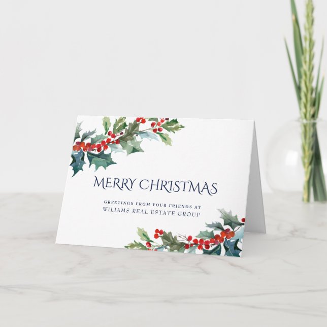 Holly Berry Christmas Mistletoe Corporate Greeting Holiday Card (Front)