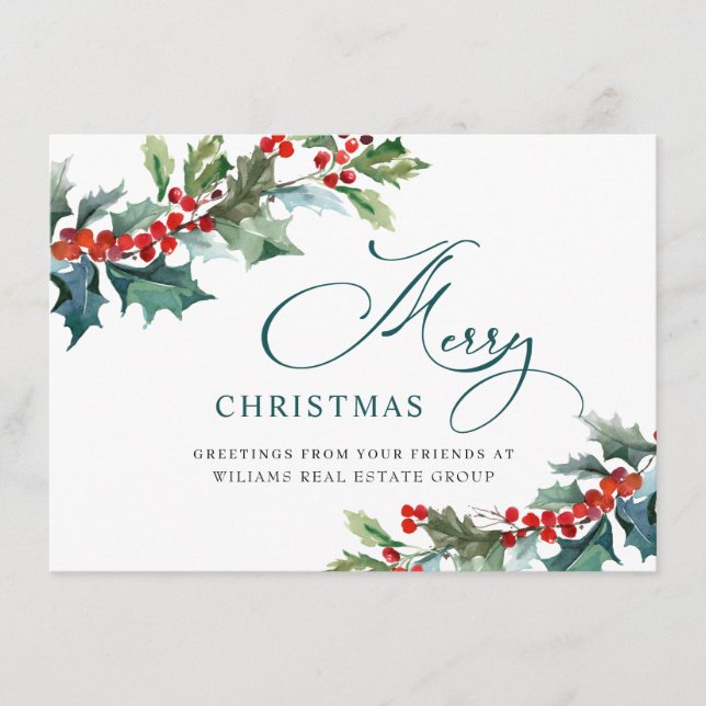 Holly Berry Christmas Mistletoe Corporate Greeting Holiday Card (Front)