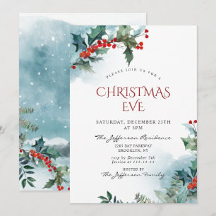 Holly Berry Christmas Mistletoe Holiday EVE Invitation