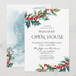 Holly Berry Christmas Mistletoe Holiday OPEN HOUSE Invitation