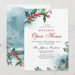 Holly Berry Christmas Mistletoe Holiday OPEN HOUSE Invitation
