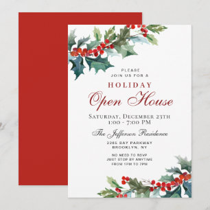 Holly Berry Christmas Mistletoe Holiday OPEN HOUSE Invitation