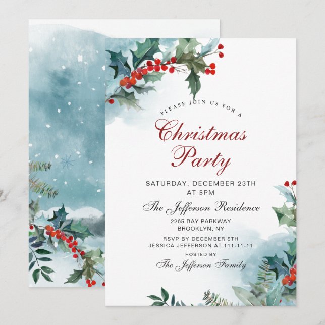 Holly Berry Christmas Mistletoe Holiday Party Invitation (Front/Back)