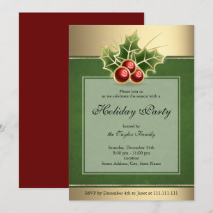Holly Berry Christmas Party Invitation Green
