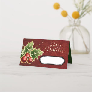 Holly Berry Christmas Party Personalised Red Place Card