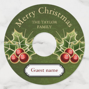 Holly Berry Christmas Personalised Green Damask Wine Glass Tag