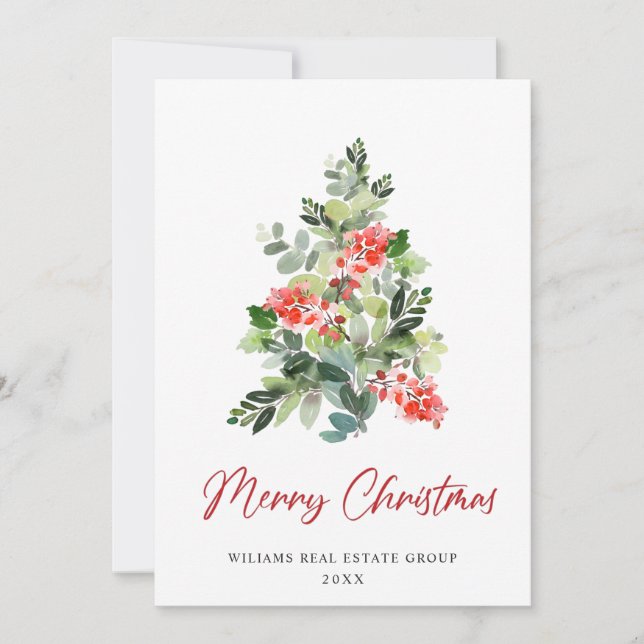 Holly Berry Christmas Tree Corporate Greeting Holiday Card (Front)