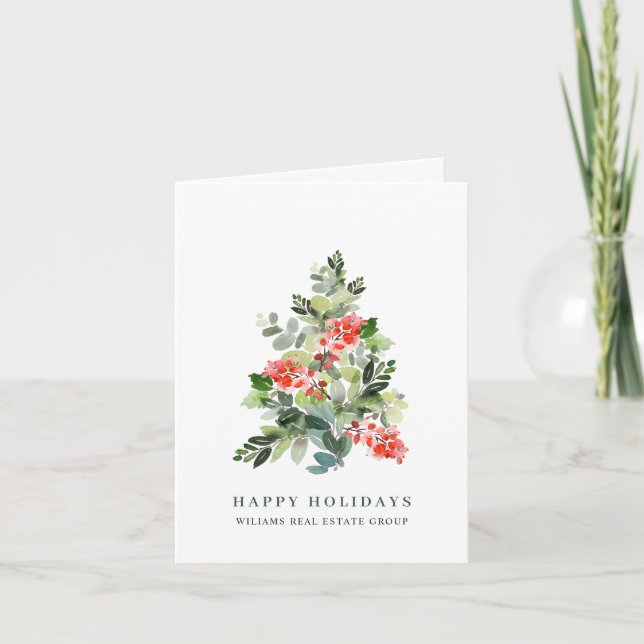 Holly Berry Christmas Tree Corporate Greeting Holiday Card (Front)