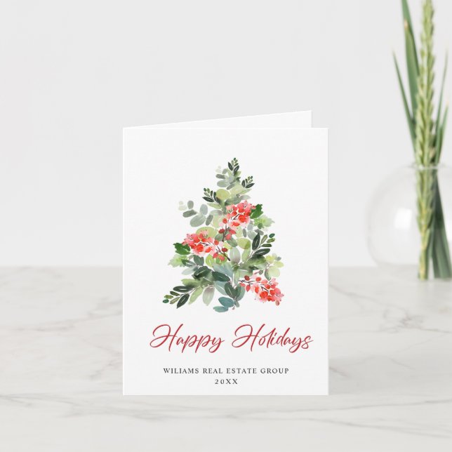 Holly Berry Christmas Tree Corporate Greeting Holiday Card (Front)