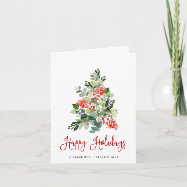Holly Berry Christmas Tree Corporate Greeting Holiday Card (Front)