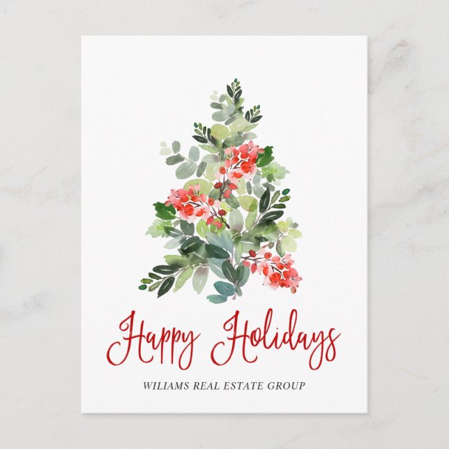 Holly Berry Christmas Tree Greeting Corporate Holiday Postcard (Front)