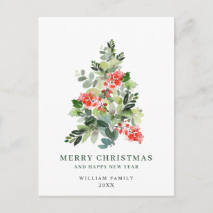 Holly Berry Christmas Tree Greeting Watercolor Holiday Postcard
