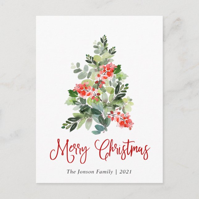 Holly Berry Christmas Tree Greeting Watercolor Holiday Postcard (Front)