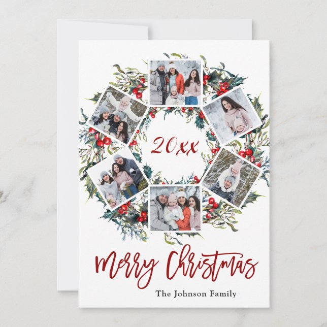 Holly Berry Christmas Wreath 6 PHOTO Greeting Holiday Card (Front)