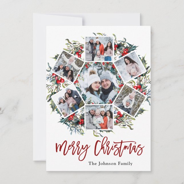 Holly Berry Christmas Wreath 7 PHOTO Greeting Holiday Card (Front)