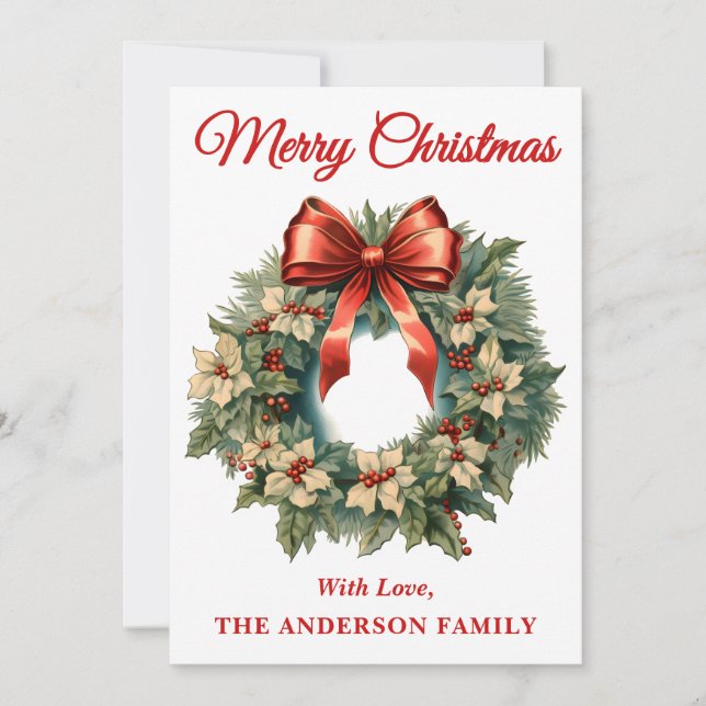 Holly Berry Christmas Wreath with Red Bow Holiday Card (Front)
