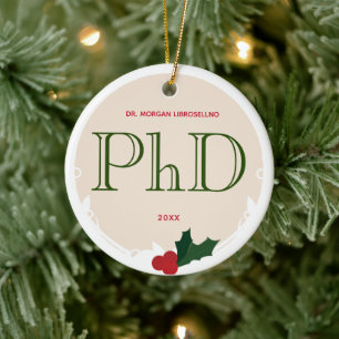 Holly Berry Cream Green Red PhD Graduate Name Year Ceramic Tree Decoration