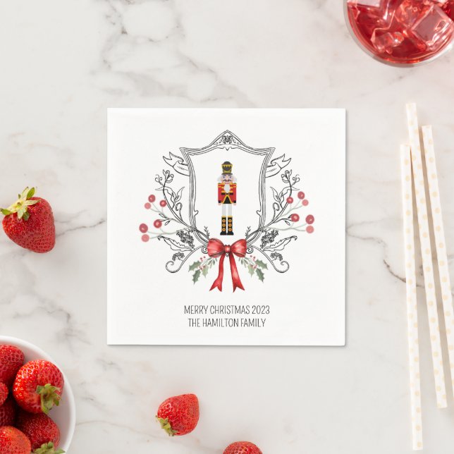 Holly Berry Crest Nutcracker Christmas Napkins (Insitu)