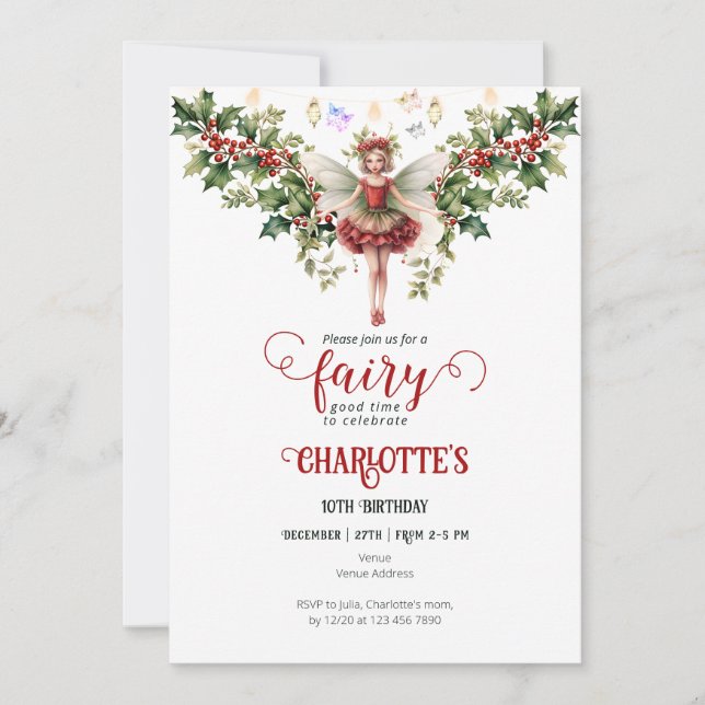 Holly Berry December Birth Flower Fairy Birthday Invitation (Front)