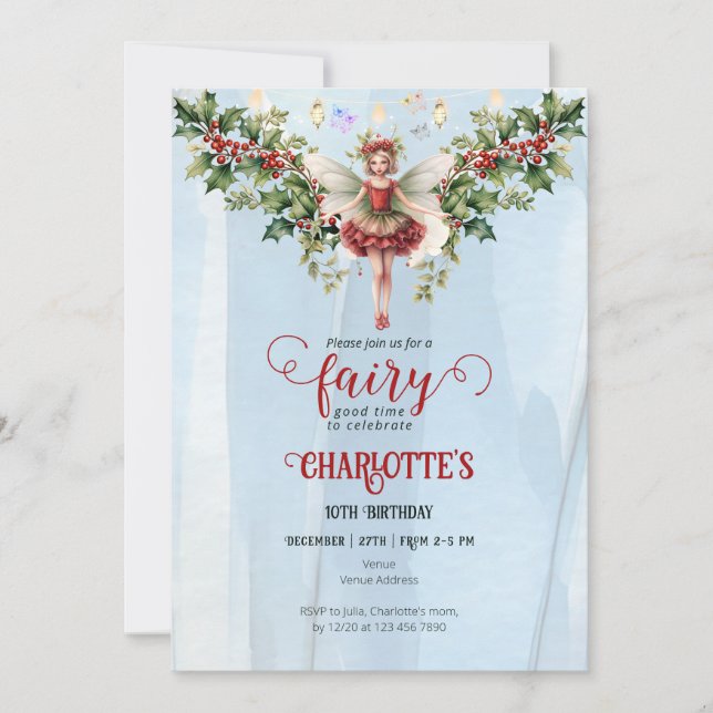 Holly Berry December Birth Flower Fairy Birthday Invitation (Front)