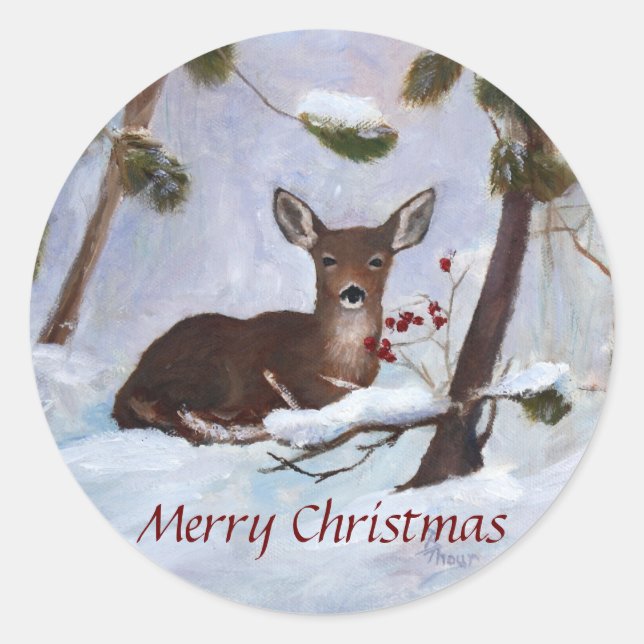 Holly Berry Deer Christmas Classic Round Sticker (Front)