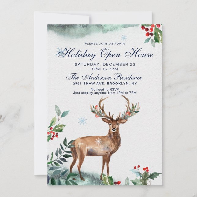 Holly Berry Deer Christmas Holiday Open House Invitation (Front)